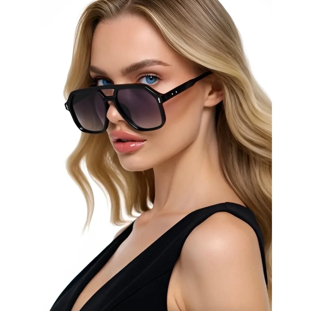 Oversized‎ Black Aviator Sunglasses Women Shades Flat Top Square Frames Female